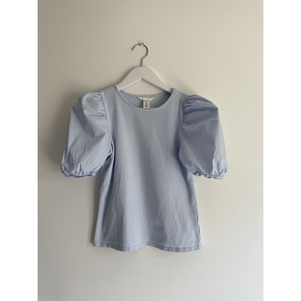H&M Puff Sleeve Top Light Blue Size S Short Sleeve Round Neck Cotton Blend Shirt